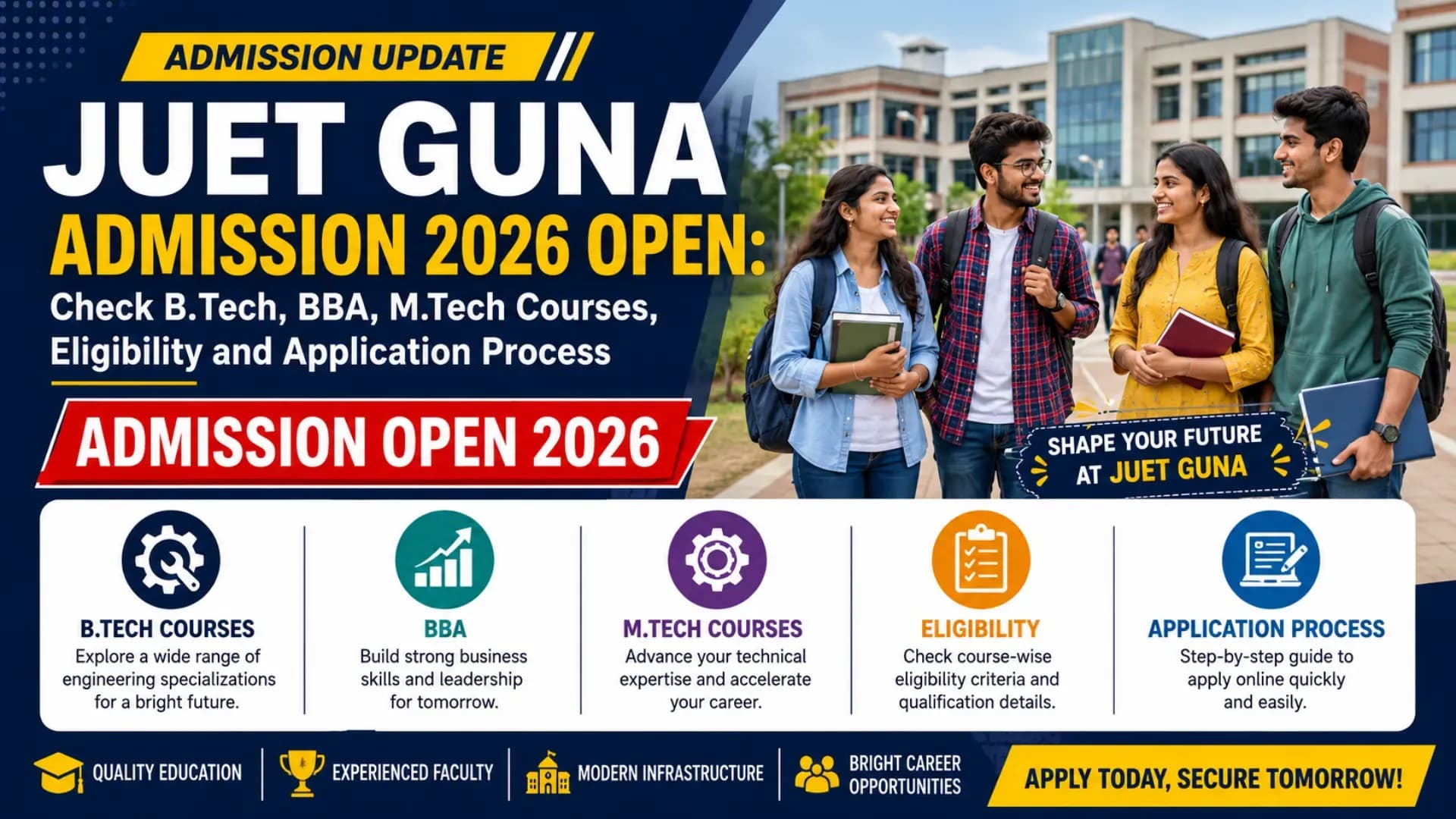 JUET Guna Admission 2026 Open: Check B.Tech, BBA, M.Tech Courses, Eligibility and Application Process