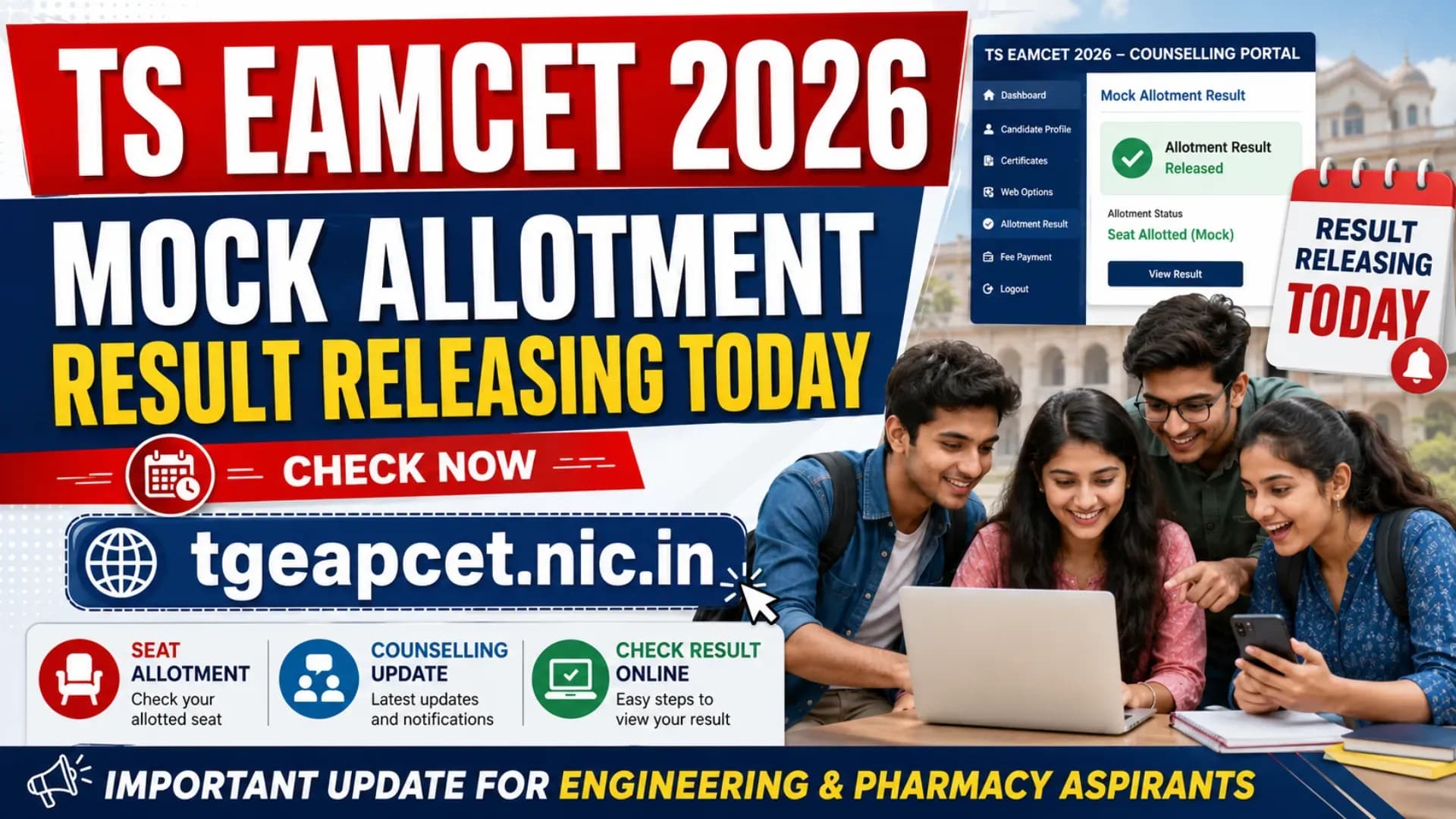 TS EAMCET 2026 Mock Allotment Result Releasing Today at tgeapcet.nic.in